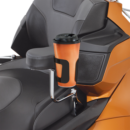 Bill's Exhausts Show Chrome Passenger Beverage Holder in black attached to engine, designed for motorcycle passenger comfort.