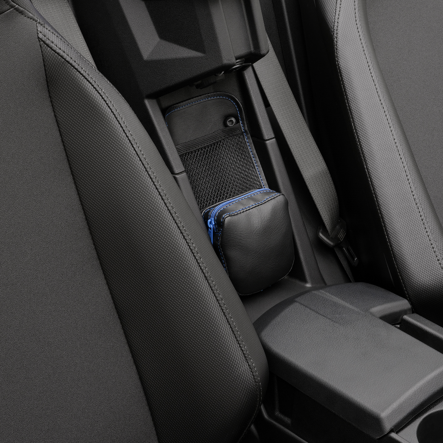 Black Show Chrome Kaliber Engine Center Console Organizer with blue zipper, designed for Bill's Exhausts engine accessories.