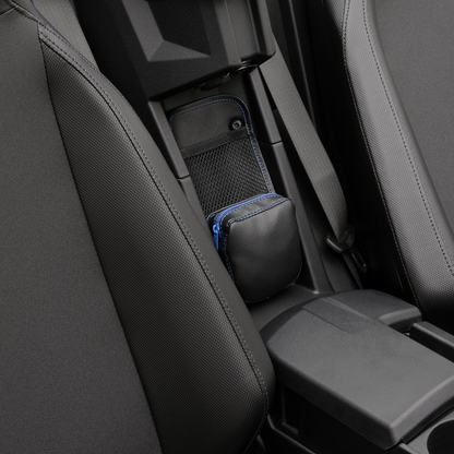 Black Show Chrome Kaliber Engine Center Console Organizer with blue zipper, designed for Bill's Exhausts engine accessories.