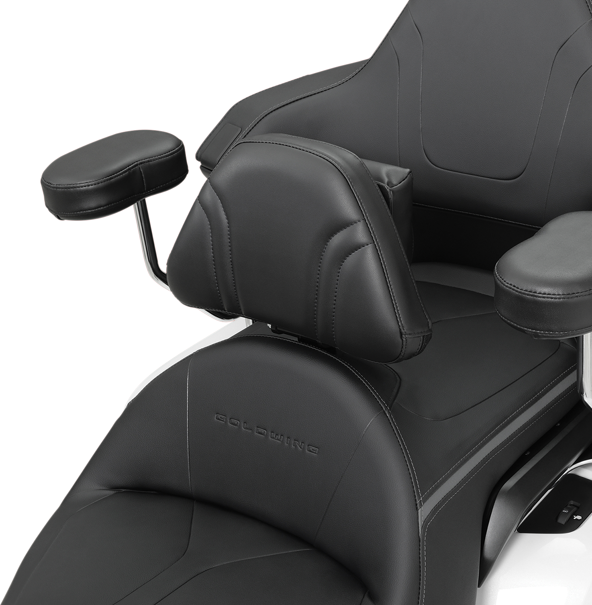 Chrome detachable smart mount backrest for Honda Gold Wing GL1800 engine, tall design, shown mounted on motorcycle engine.