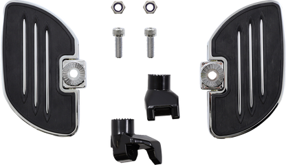 Chrome driver floorboards for Ryker 600/900 ACE installed on engine, from Bill's Exhausts, featuring polished metal surface.
