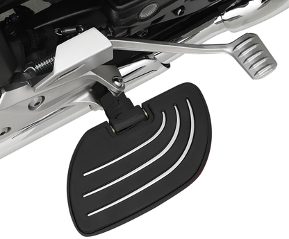 Bill's Exhausts satin black Show Chrome Driver Floorboards for engine, designed for motorcycle compatibility and style.