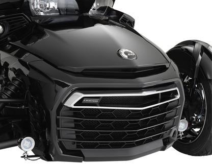 Chrome SHOW CHROME driving lights for 2015-2018 Spyder F3 engine by Bill's Exhausts, mounted on a motorcycle engine.