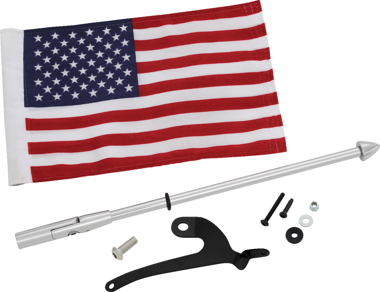 Bill's Exhausts Show Chrome Folding Flag Pole for engine, right side, with chrome finish and adjustable folding design.