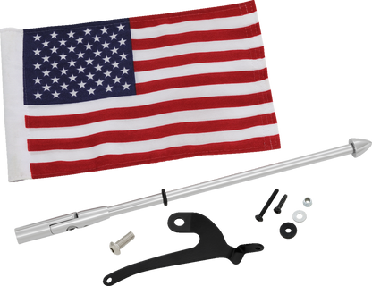 Bill's Exhausts Show Chrome Folding Flag Pole for engine, right side, with chrome finish and adjustable folding design.
