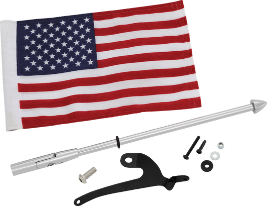 Bill's Exhausts Show Chrome Folding Flag Pole for engine, right side, with chrome finish and adjustable folding design.