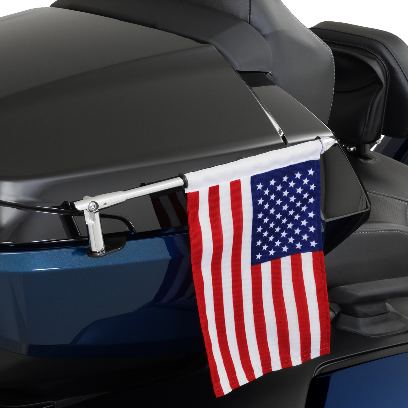 Bill's Exhausts Show Chrome Folding Flag Pole for engine, right side, with sleek chrome finish and compact folding design