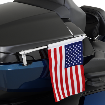 Bill's Exhausts Show Chrome Folding Flag Pole for engine, right side, with sleek chrome finish and compact folding design