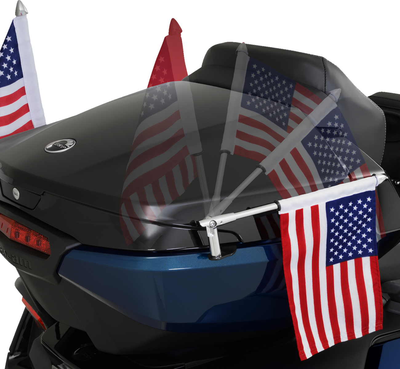Bill's Exhausts Show Chrome Folding Flag Pole for engine, right side, with sleek chrome finish and adjustable design.