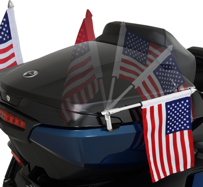 Bill's Exhausts Show Chrome Folding Flag Pole for engine, right side, with sleek chrome finish and adjustable design.