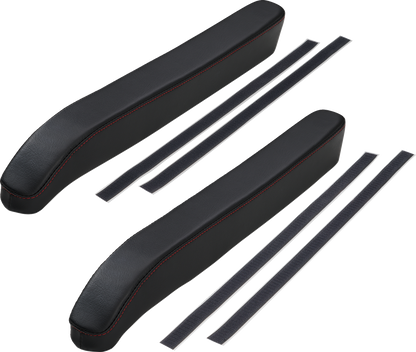 Show Chrome Kaliber Armrest Pads in black with red stitching for Slingshot 2015-2022, designed for Bill's Exhausts engine accessories.