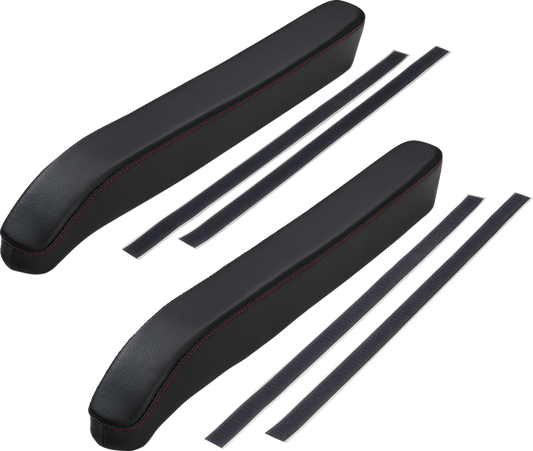 Show Chrome Kaliber Armrest Pads in black with red stitching for Slingshot 2015-2022, designed for Bill's Exhausts engine accessories.
