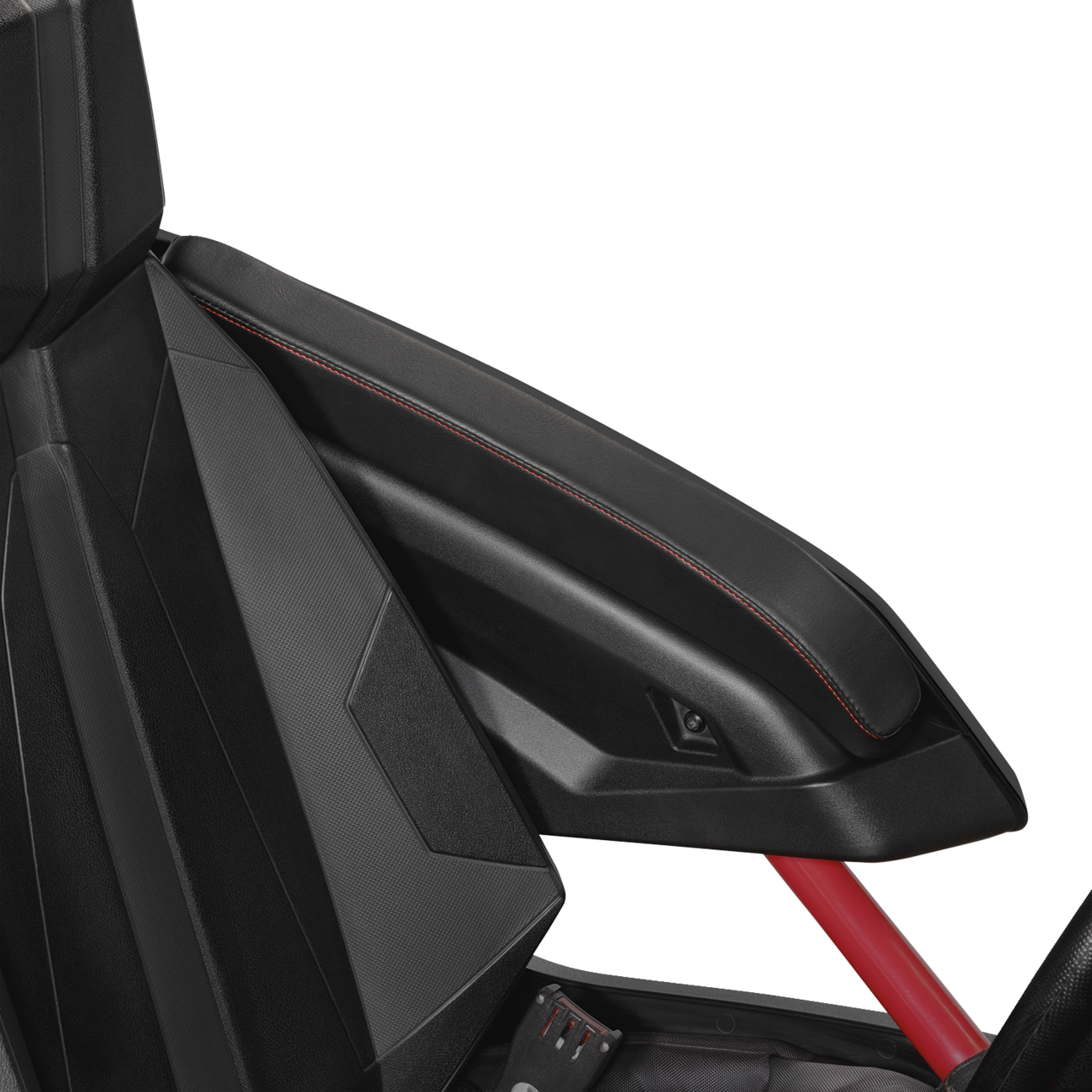 Show Chrome Kaliber Armrest Pads in black with red stitching for Slingshot 2015-2022, designed for Bill's Exhausts engine accessories.