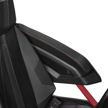 Show Chrome Kaliber Armrest Pads in black with red stitching for Slingshot 2015-2022, designed for Bill's Exhausts engine accessories.