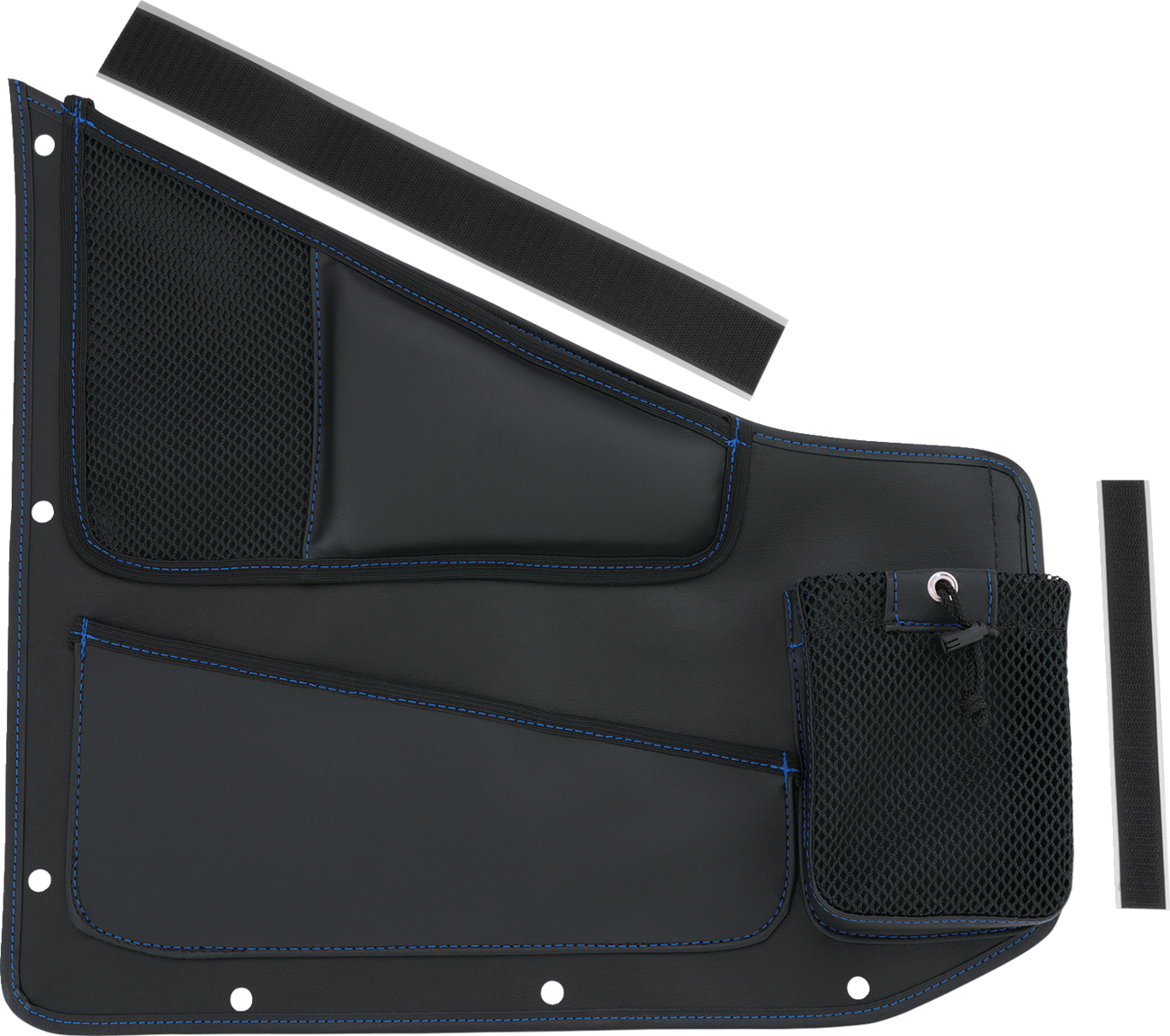 Black Bill's Exhausts Show Chrome Kaliber Engine Organizer for driver side with blue stitching, designed for motorcycle engines.