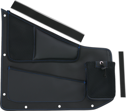 Black Bill's Exhausts Show Chrome Kaliber Engine Organizer for driver side with blue stitching, designed for motorcycle engines.