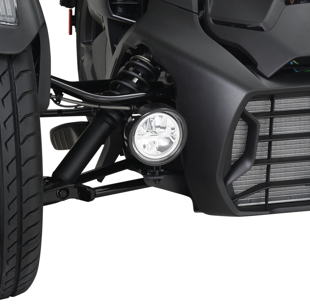 Bill's Exhausts black LED driving light kit for Ryker, engine-mounted, with chrome finish, designed for enhanced visibility.