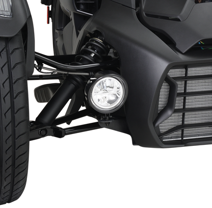 Bill's Exhausts black LED driving light kit for Ryker, engine-mounted, with chrome finish, designed for enhanced visibility.