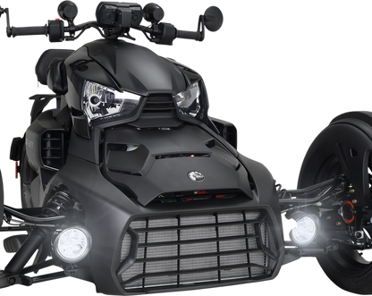 Black Show Chrome LED driving light kit for Ryker, engine-mounted, by Bill's Exhausts, designed for enhanced visibility and style.