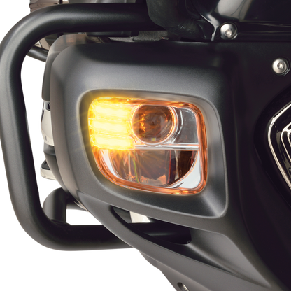 Chrome LED fog lights kit for Honda Gold Wing GL1800 models 2012-2017, by Bill's Exhausts, installed on engine area.