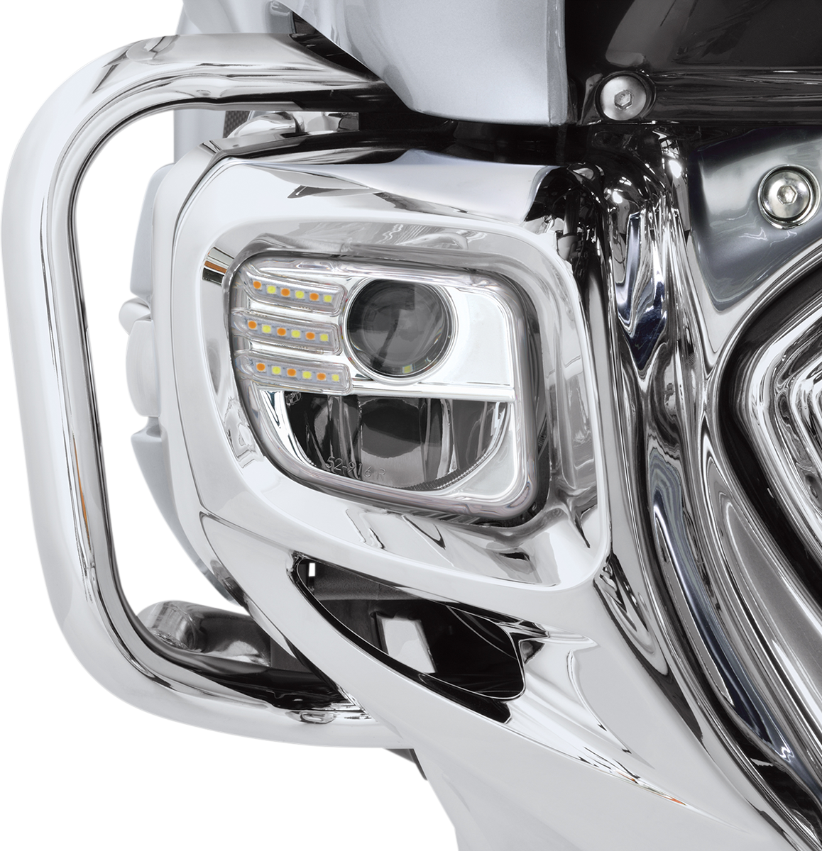 Bill's Exhausts Show Chrome LED Fog Lights Kit for GL1800 motorcycle, featuring bright LED fog lights installed on engine.