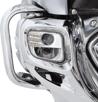 Bill's Exhausts Show Chrome LED Fog Lights Kit for GL1800 motorcycle, featuring bright LED fog lights installed on engine.