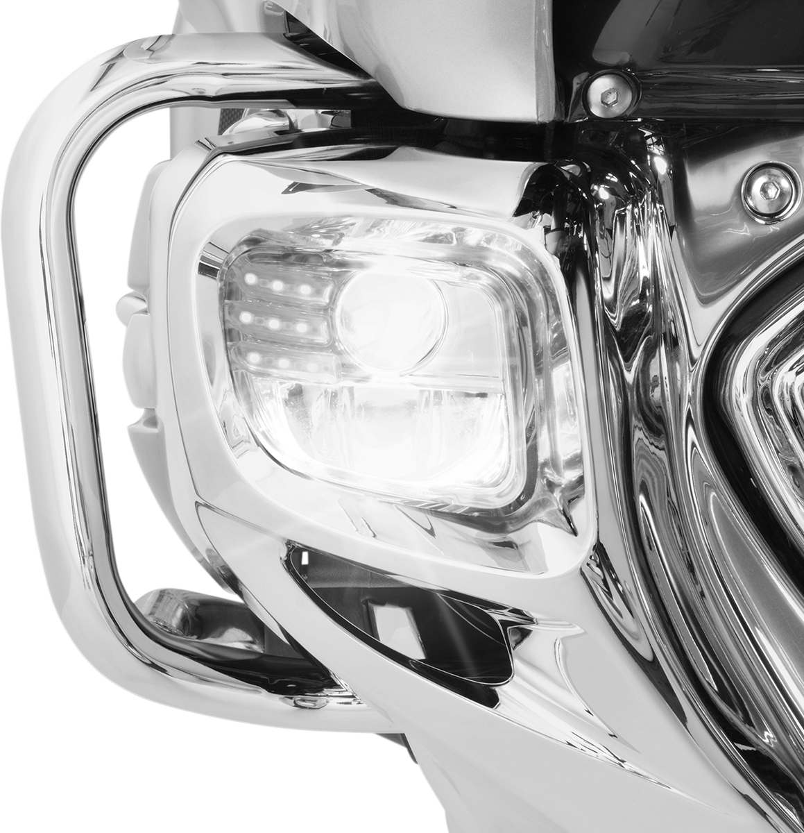 Bill's Exhausts Show Chrome LED Fog Lights Kit for GL1800 motorcycle, featuring bright, stylish LED fog lights for enhanced visibility.
