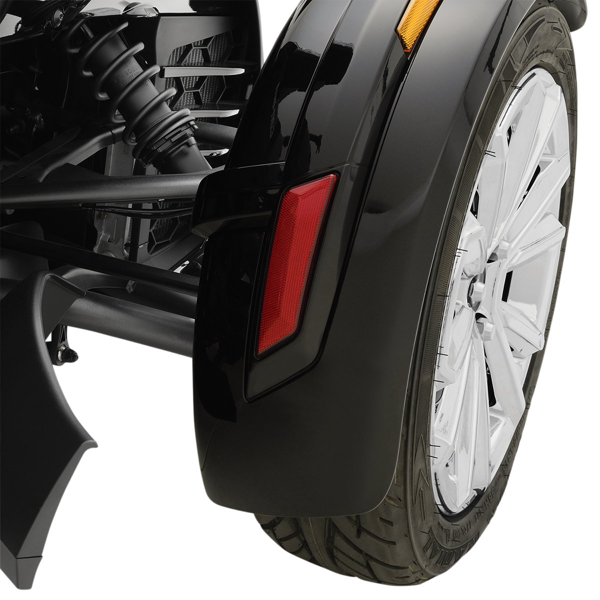 Bill's Exhausts Show Chrome LED front fender light in red for engine, with sleek chrome finish and vibrant illumination.