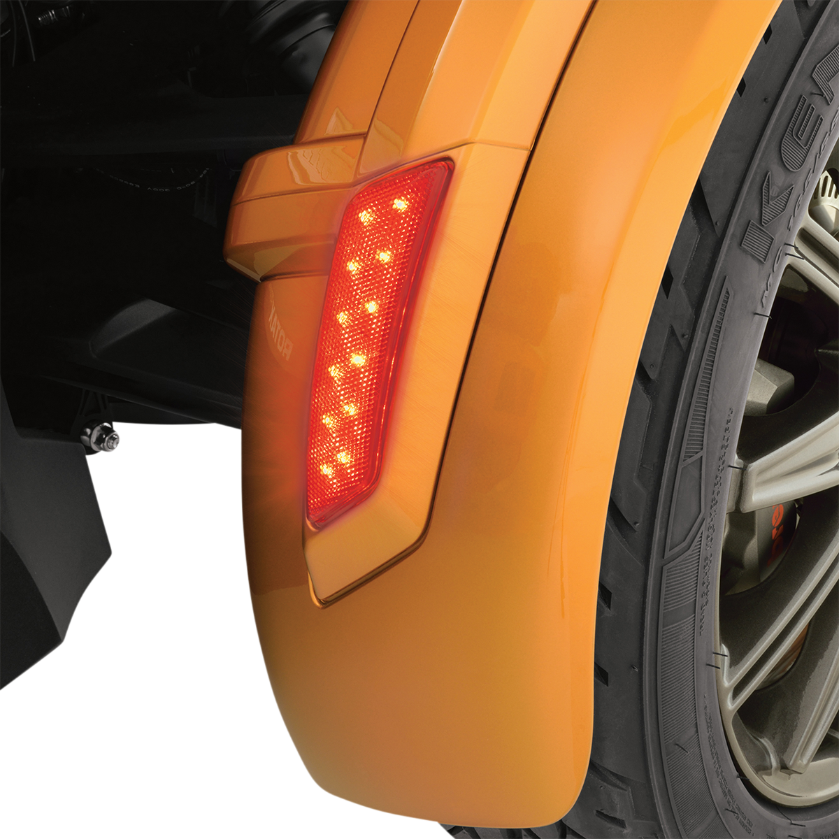 Bill's Exhausts Show Chrome LED front fender light in red, designed for motorcycle engine upgrades, mounted on bike fender.