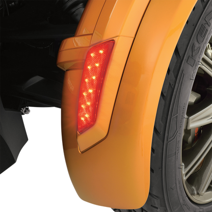 Bill's Exhausts Show Chrome LED front fender light in red, designed for motorcycle engine upgrades, mounted on bike fender.