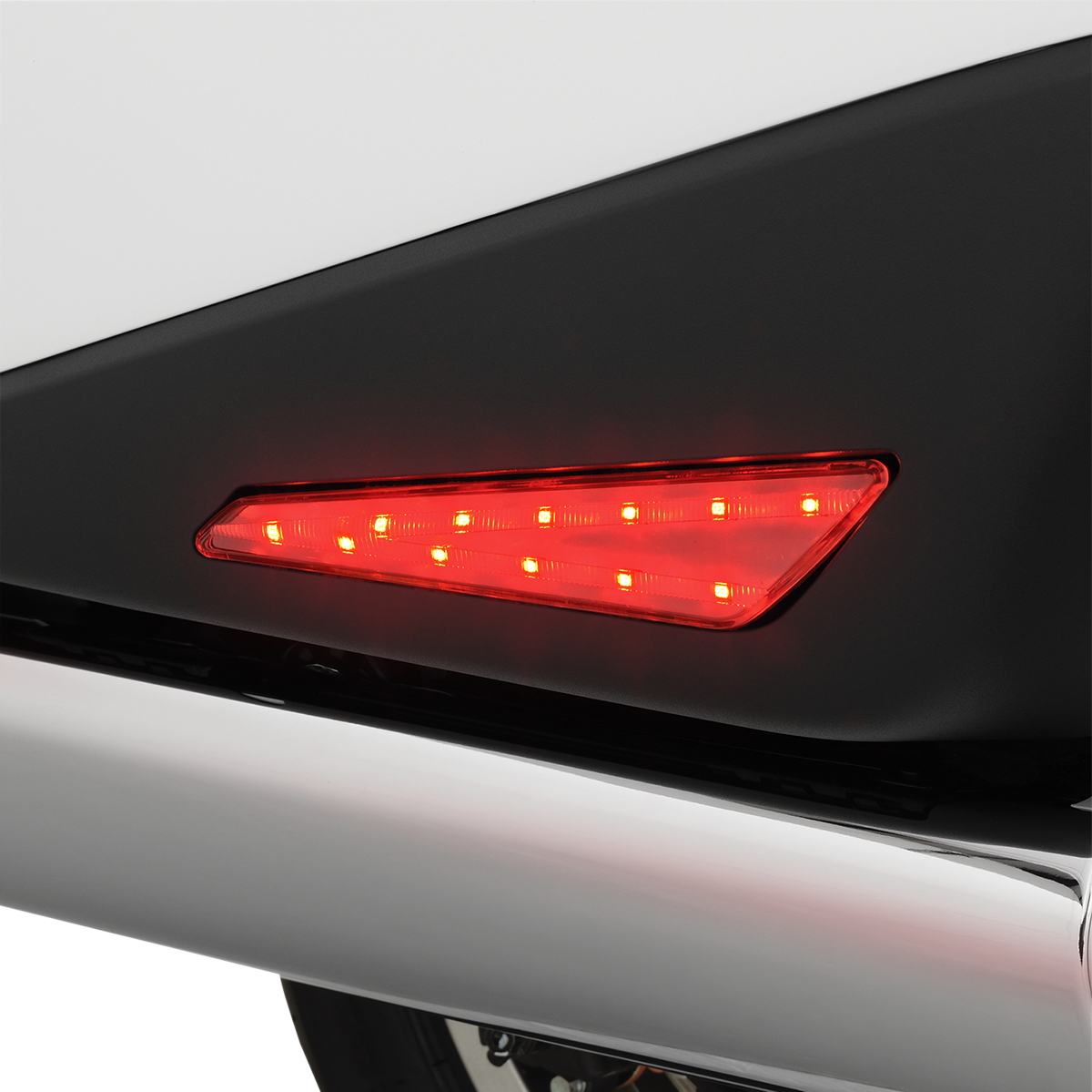 Bill's Exhausts Show Chrome LED Marker Lights for GL1800 with clear lens and red LEDs, engine-mounted, automotive lighting.