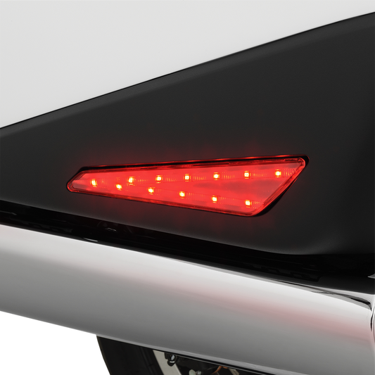 Bill's Exhausts Show Chrome LED Marker Lights for GL1800 with clear lens and red LEDs, engine-mounted, automotive lighting.