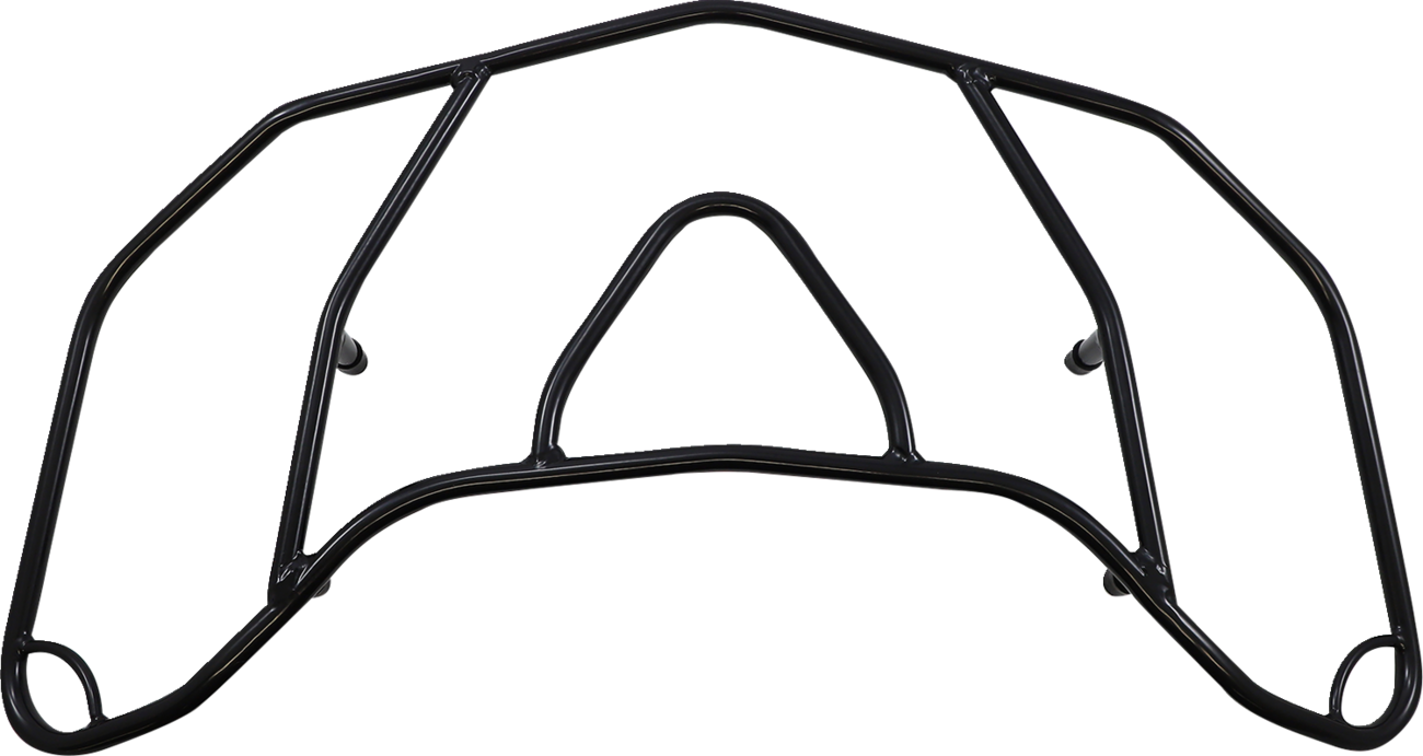 Black Show Chrome luggage rack mounted on motorcycle engine, designed for Bill's Exhausts Show Chrome engine accessories.