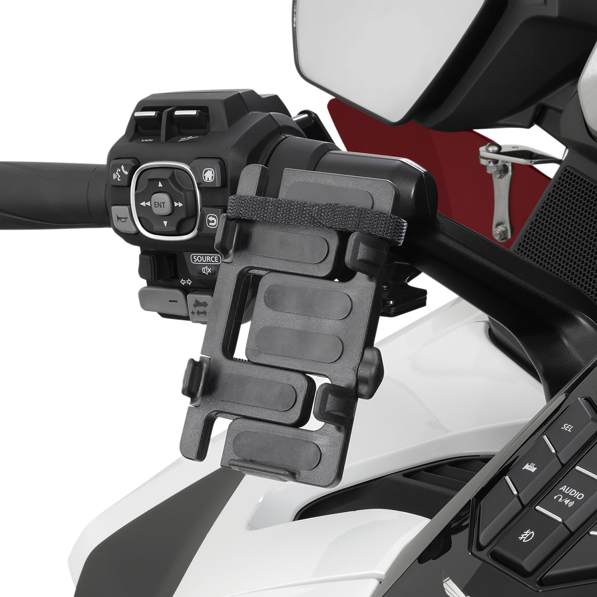 Black Show Chrome phone and GPS handlebar mount for Honda GL1800 motorcycle, securely attached to handlebar.
