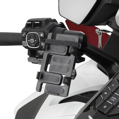 Black Show Chrome phone and GPS handlebar mount for Honda GL1800 motorcycle, securely attached to handlebar.