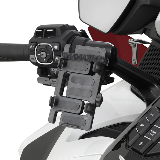 Black Show Chrome phone and GPS handlebar mount for Honda GL1800 motorcycle, securely attached to handlebar.