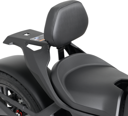 Black SHOW CHROME Quick-Detach Backrest for Ryker 2020-2022, engine accessory by Bill's Exhausts, shown attached to motorcycle.