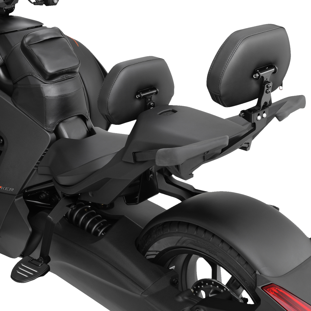 Black Show Chrome quick-detach backrest for Ryker 2020-2022, mounted on engine, by Bill's Exhausts.