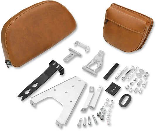 Show Chrome Saddle Backrest for Indian engine by Bill's Exhausts, chrome finish, mounted on motorcycle engine.