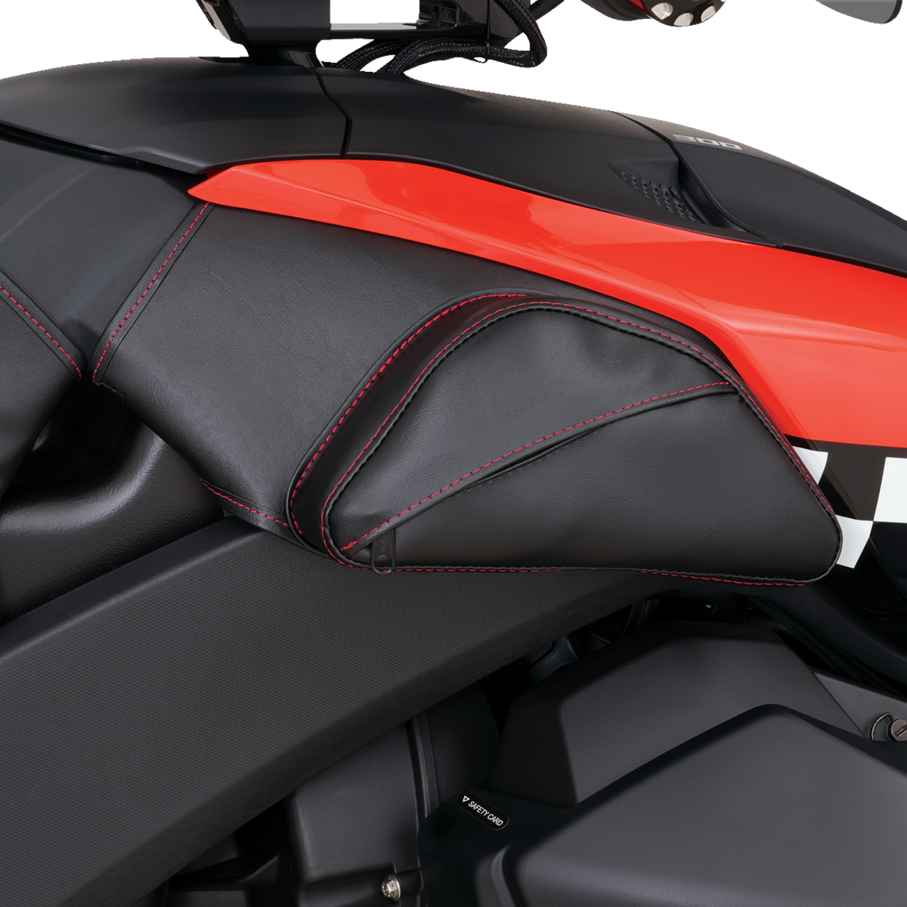 Show Chrome Tank Pouch for engine by Bill's Exhausts, red and chrome finish, mounted on motorcycle tank.