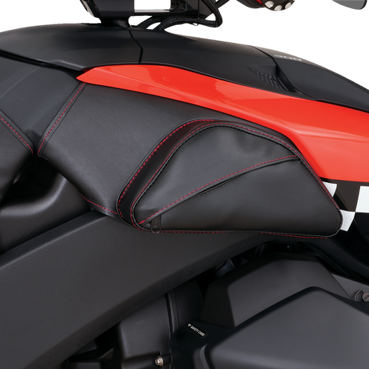 Show Chrome Tank Pouch for engine by Bill's Exhausts, red and chrome finish, mounted on motorcycle tank.