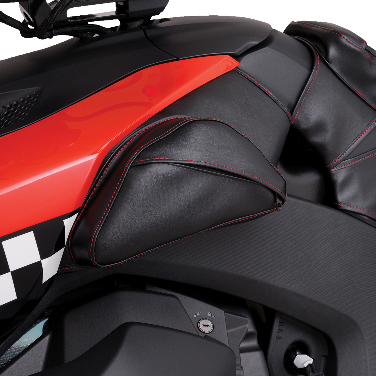 Show Chrome tank pouch for engine by Bill's Exhausts, red and chrome finish with dual H40-401RED design on motorcycle.