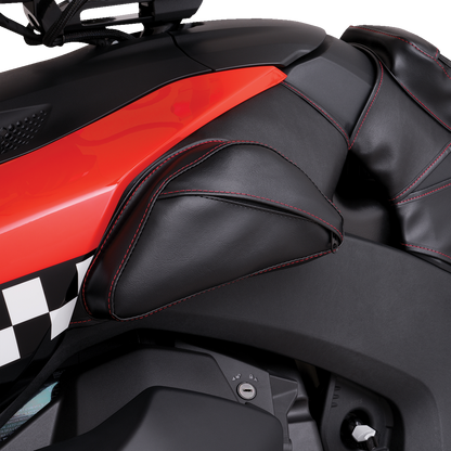 Show Chrome tank pouch for engine by Bill's Exhausts, red and chrome finish with dual H40-401RED design on motorcycle.