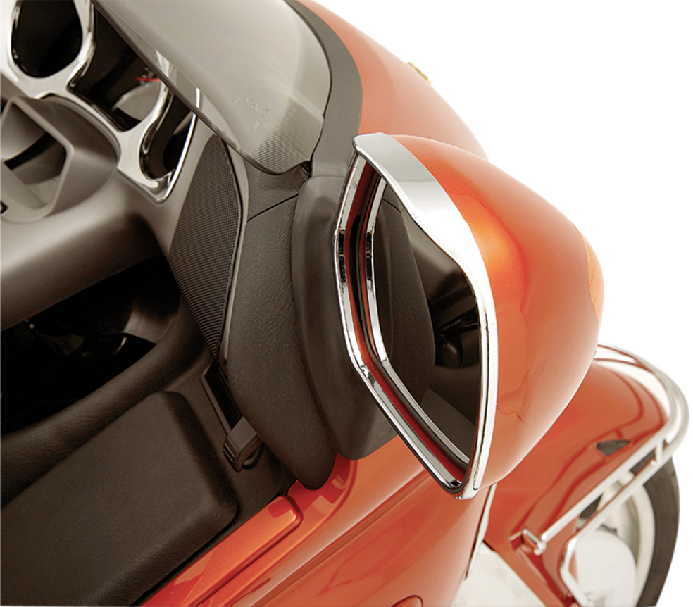 Chrome trim mirror for engine, visored design by Bill's Exhausts, with a shiny chrome finish and detailed features.