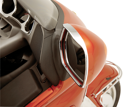 Chrome trim mirror for engine, visored design by Bill's Exhausts, with a shiny chrome finish and detailed features.