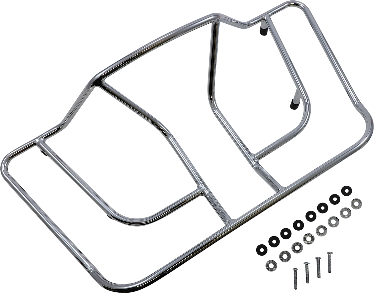 Chrome trunk luggage rack for engine by Bill's Exhausts, showing shiny chrome finish and sturdy metal construction.