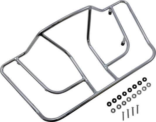 Chrome trunk luggage rack for engine by Bill's Exhausts, showing shiny chrome finish and sturdy metal construction.