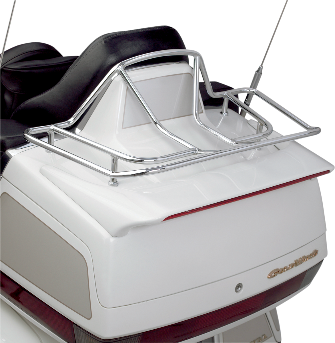 Chrome Show Trunk Luggage Rack for engine by Bill's Exhausts, featuring a shiny chrome finish and sturdy construction.