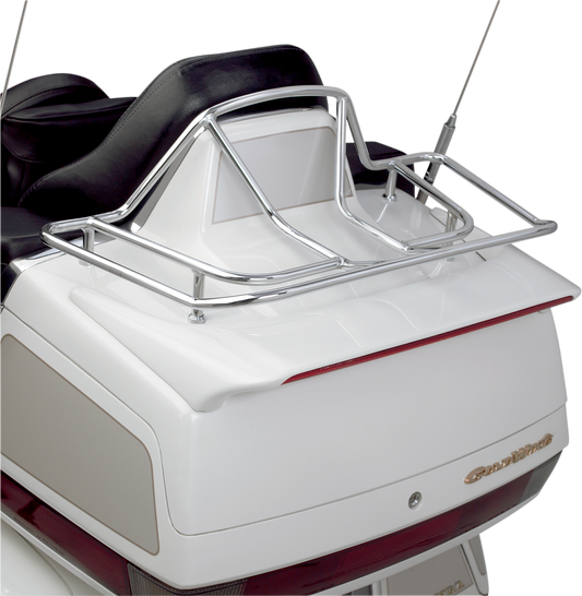Chrome Show Trunk Luggage Rack for engine by Bill's Exhausts, featuring a shiny chrome finish and sturdy construction.