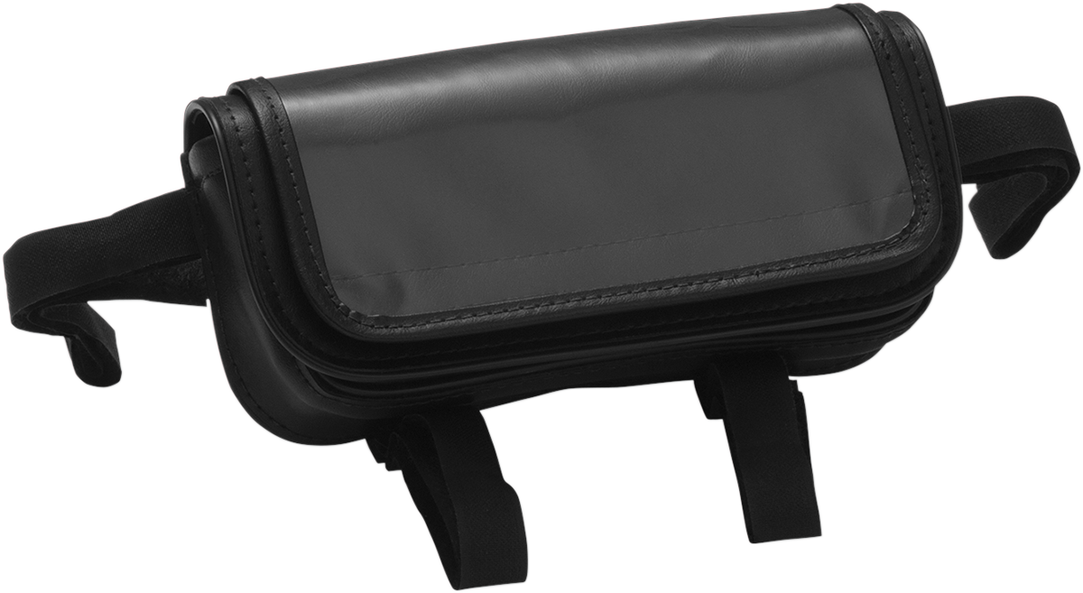 Chrome universal handlebar pouch for motorcycle engine by Bill's Exhausts, designed to fit handlebars securely.